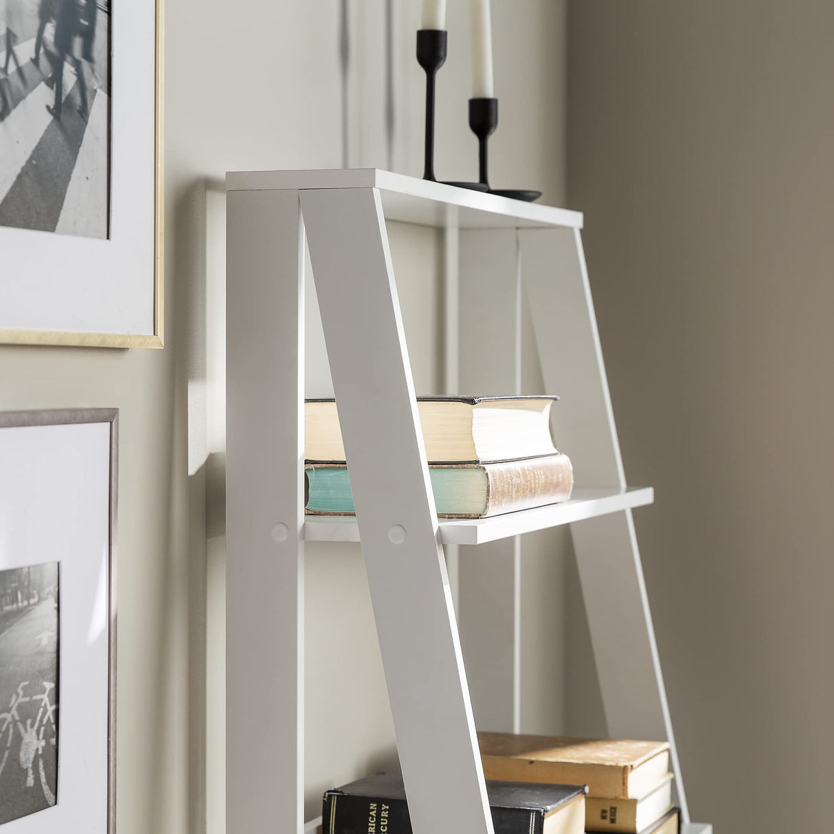Sophisticated White 4-Shelf Ladder Bookcase by Walker Edison Walker Edison
