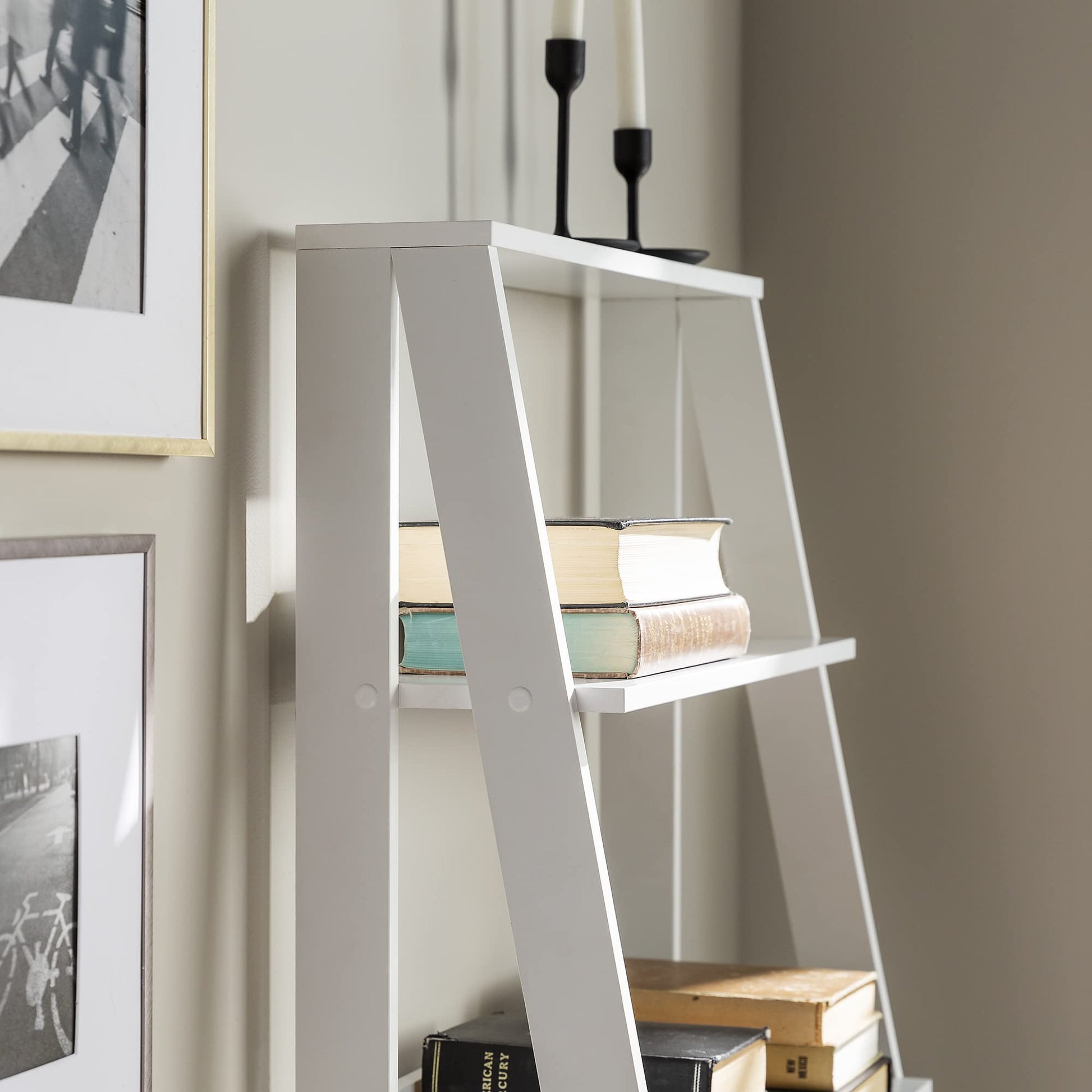 Sophisticated White 4-Shelf Ladder Bookcase by Walker Edison - WoodArtSupply