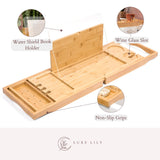Bathtub Tray with Waterproof Shield Keeps Your Book Open – Extendable Bamboo Bath Tray with Wine Glass Holder - Luxury Bath Tub Caddy Tray for Relaxing in The Bathtub Luxe Lily