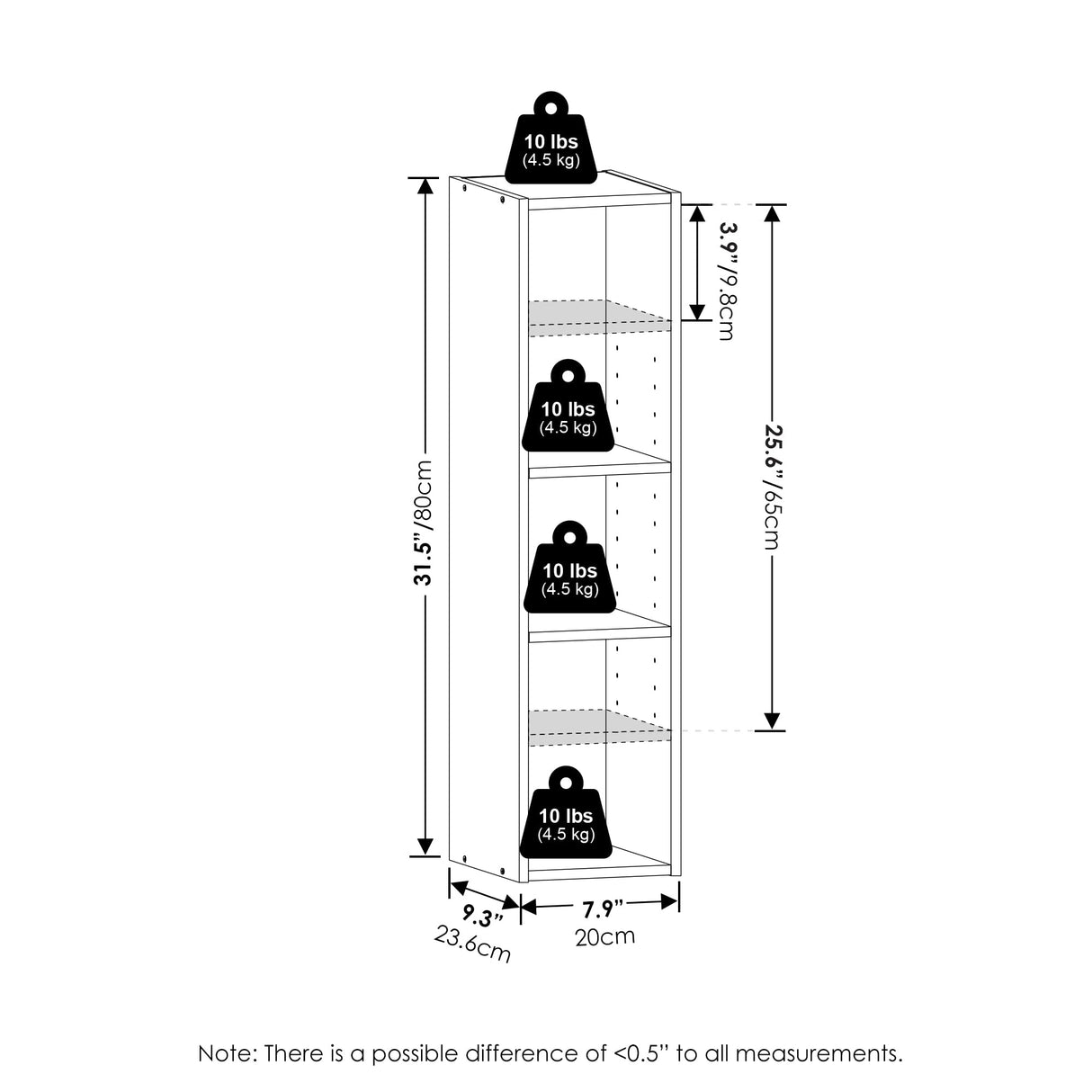 Furinno Fulda Book Shelf, 3-Tier Narrow Bookshelf, Bookcase with 8-in Width Storage Shelf, 9.3 x 7.9 x 31.5, for Living Room, Bedroom, Home Office, Blackwood Furinno