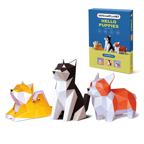 ORIGAMIPLANET Hello Puppies 3D Origami Paper Craft Gift Set- 3 pcs, Husky/Corgi/Shiba Inu Pre-Cut Origami Kit, Cute Animal Paper Sculpture for Teens & Adults, Home Decor DIY Art Gift for Birthday ORIGAMIPLANET