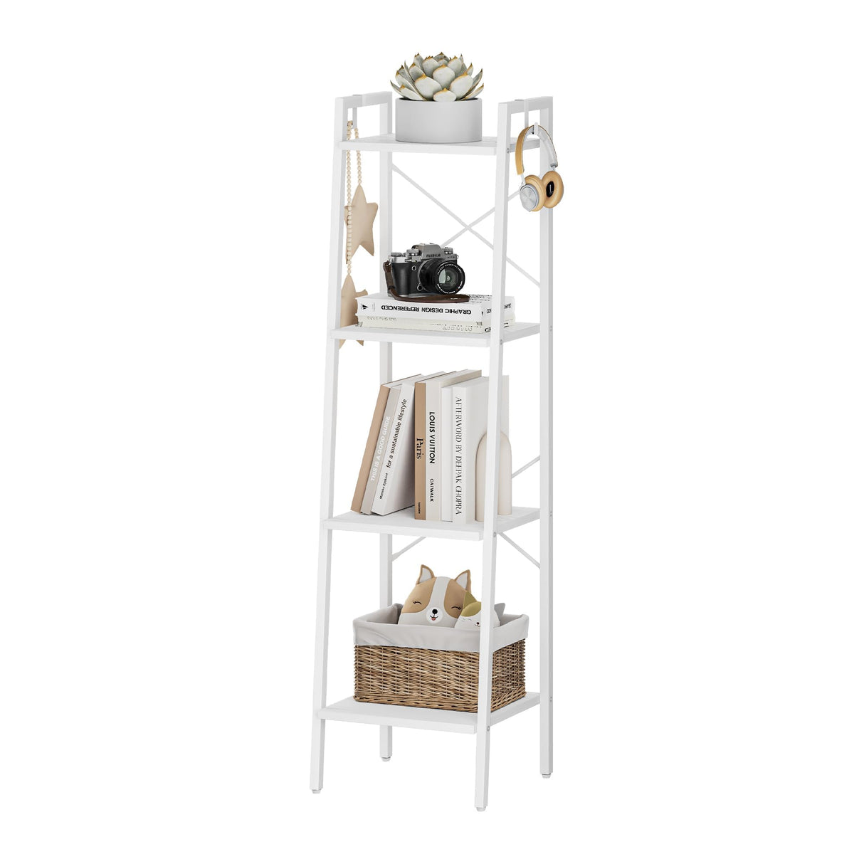 Hzuaneri Ladder Shelf, Bookshelf Bookcase, Freestanding Corner Storage Shelve with 2 Hooks for Home Office, Living Room, Kitchen, Bedroom, Industrial, 4-Tier White BC13213W Hzuaneri