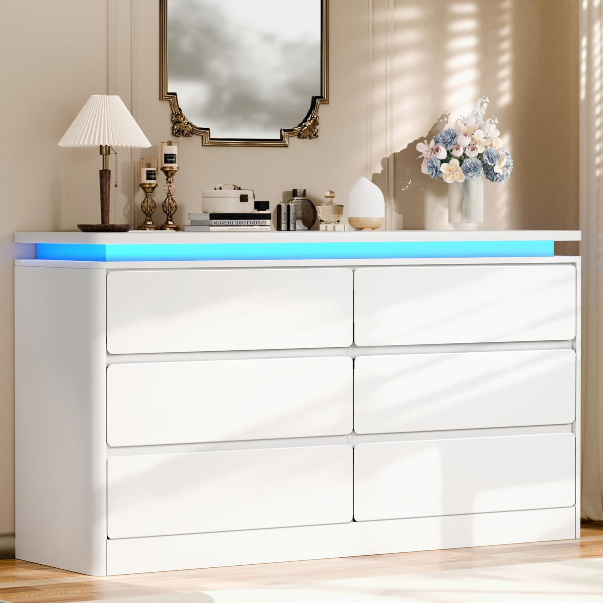Gyfimoie 6 Drawer White Dresser for Bedroom, 47.2" Long Chest of Drawers with Charging Station & LED Lights, Double Wooden Storage Cabinet Dresser for Closet,Modern TV Stand with Deep Drawers Gyfimoie