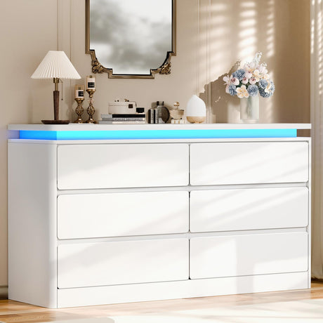 Gyfimoie 6 Drawer White Dresser for Bedroom, 47.2" Long Chest of Drawers with Charging Station & LED Lights, Double Wooden Storage Cabinet Dresser for Closet,Modern TV Stand with Deep Drawers Gyfimoie