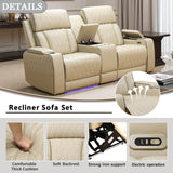 A Ainehome Power Leather Recliner Sofa Set with LED Lights, Recliner Sofa Sectional Couches for Living Room, Reclining Sofa, loveseat, Chair with USB Port/Storage Console/Cup Holder(Khaki,loveseat) A Ainehome