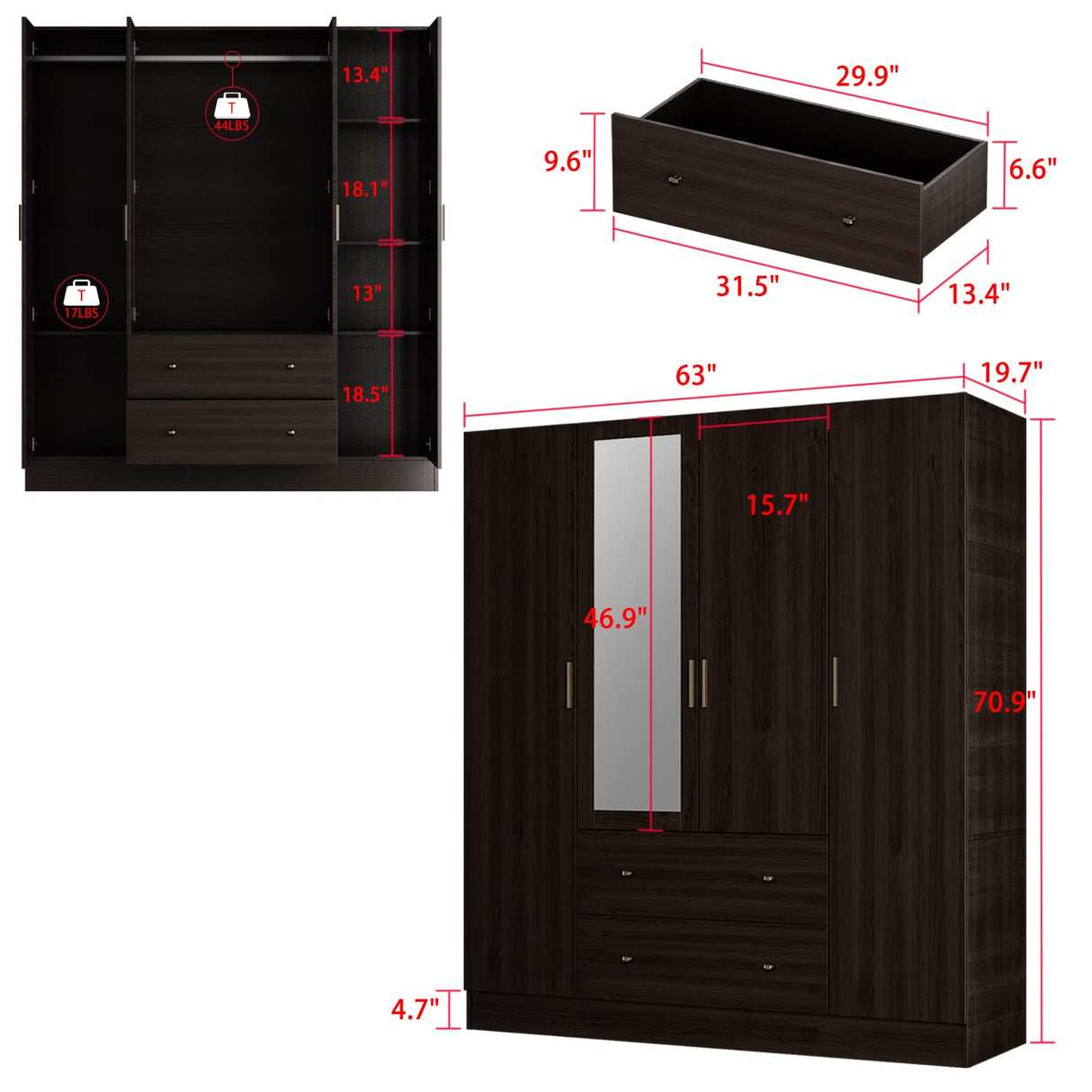 AIEGLE 4 Doors Wardrobe Armoire with Mirror, 63" Wide Large Freestanding Armoire Wardrobe Closet with 2 Drawers, Shelves & 2 Hanging Rods, Bedroom Clothes Storage Cabinet Organizer, Black Brown AIEGLE