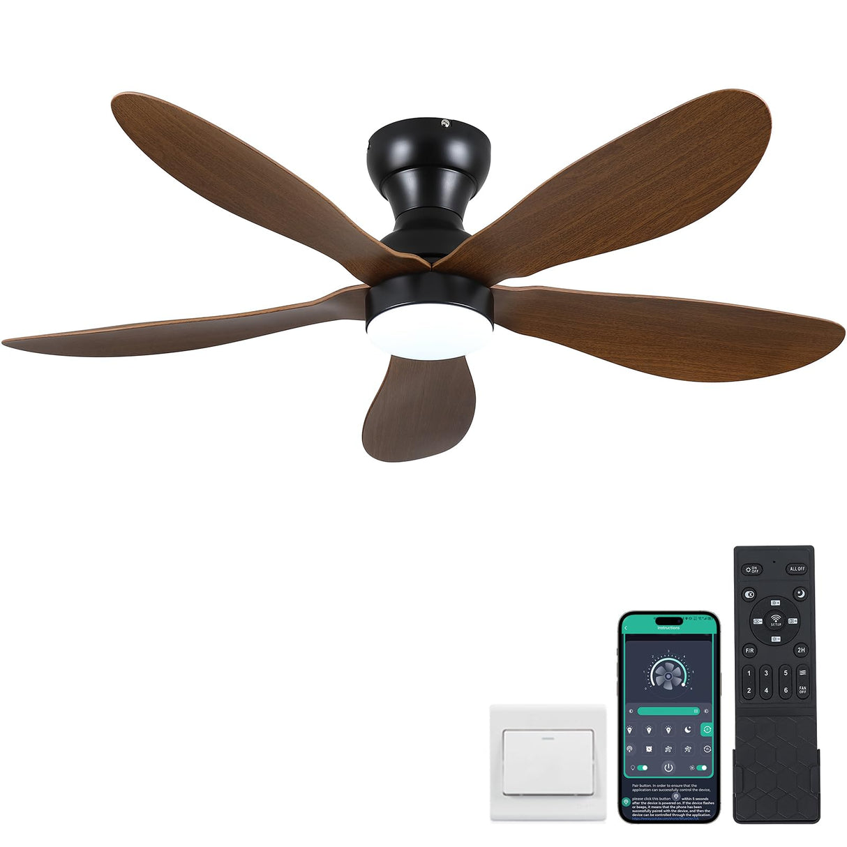 Kviflon 44 Inch Ceiling Fans with Lights, Modern Flush Mount Ceiling Fans with Remote/APP Control, Low Profile Ceiling Fans with 5 Reversible Curved Blades LED Lights 3 CCT Dimmable 6 Speeds, Brown Kviflon