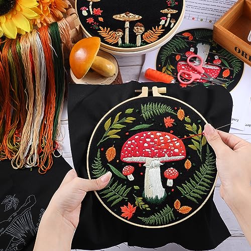Crowye 5 Sets Mushroom Embroidery Kit Cross Stitch Kits for Beginners Cross Stitching Set for Adult DIY Stamped Starter Needlepoint with Thread Needle for Craft Lover