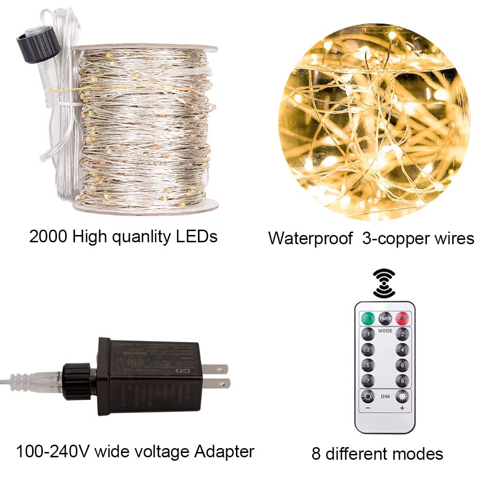 RESNICE 660FT Plug in String Lights 2000 LED Silver Wire Outdoor Waterproof Warm White Extra Long Fairy Lights with Remote for Living Bed Room, Backyard, Patio, Garden, Porch, Wedding or Christmas