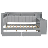 MaiDeHaoo Full Size Daybed with Storage Shelves and Upholstered Headboard, Corner Bed Frame with L-Shaped Bookcase, Drawers and Charging Station, Captains Bedframe with LED Light and Backrest, Grey MaiDeHaoo