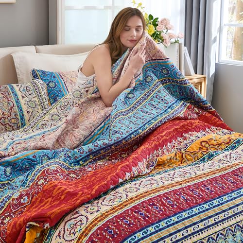 WONGS BEDDING Bohemian Quilt Set King Size, Boho Striped Printed Bedding Bedspread Coverlet Set for All Season, Lightweight Microfiber Quilts with 2 Pillowcases 104"x90" (3 Pieces, Colorful) WONGS BEDDING