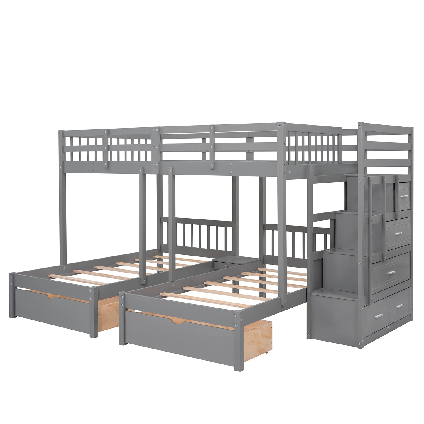 Harper & Bright Designs Grey Triple Bunk Beds with Drawers and Storage Staircase - Full Over Twin & Twin Design - WoodArtSupply