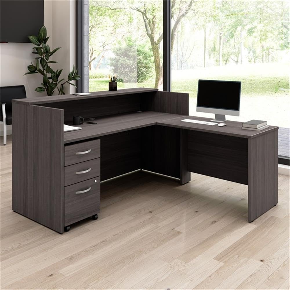 Bush Business Furniture Arrive 72W x 72D L Shaped Reception Desk with Shelf and Mobile File Cabinet in Storm Gray, Modern Receptionist Station for Office Waiting Room Bush Furniture