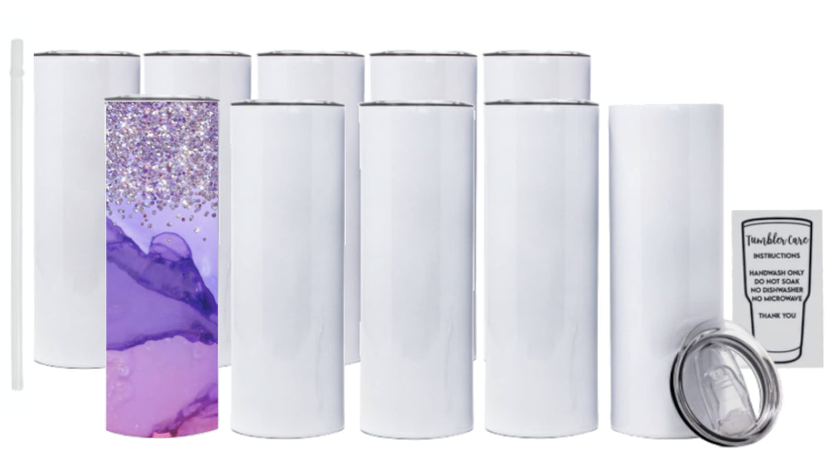 10 Pack 20oz Sublimation White Straight Skinny Tumbler with Plastic Straw, Sublimation Tumblers for Heat Transfer DIY, Sublimation Blanks, Mugs, Double Walled Stainless Steel Travel SUBconscious Blanks
