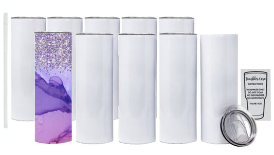 10 Pack 20oz Sublimation White Straight Skinny Tumbler with Plastic Straw, Sublimation Tumblers for Heat Transfer DIY, Sublimation Blanks, Mugs, Double Walled Stainless Steel Travel