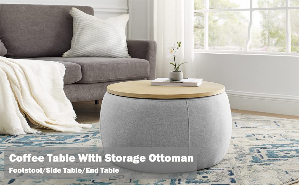 Modern Round Storage Ottoman with Wooden Lid,Circle Ottoman Handmade Ottoman Coffee Table,End Table & Footstool for Living Room (Light Gray) Kakotito