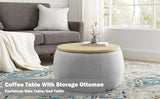 Modern Round Storage Ottoman with Wooden Lid,Circle Ottoman Handmade Ottoman Coffee Table,End Table & Footstool for Living Room (Light Gray) Kakotito