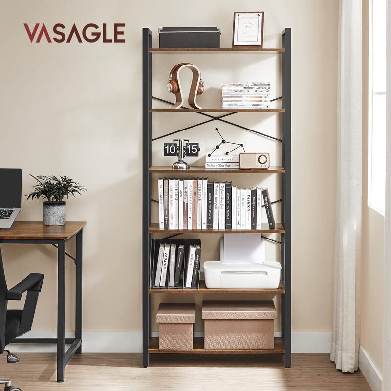 VASAGLE Industrial 6-Tier Bookshelf with Steel Frame - Rustic Brown and Black, Ample Storage for Home or Office VASAGLE
