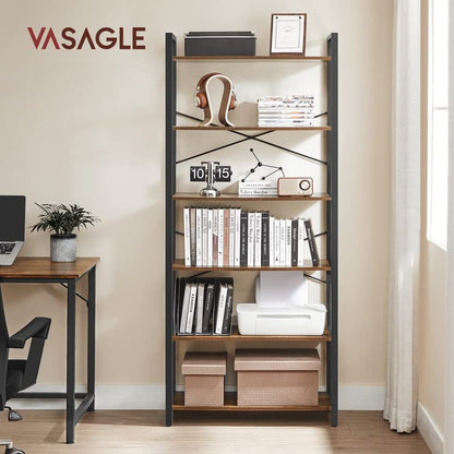 VASAGLE Industrial 6-Tier Bookshelf with Steel Frame - Rustic Brown and Black, Ample Storage for Home or Office - WoodArtSupply