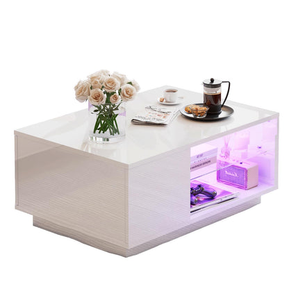 AMERLIFE LED Coffee Table with 20-Color Light, Modern High Gloss Center Table with Glass Shelf Storage for Living Room, Remote Control, White - WoodArtSupply