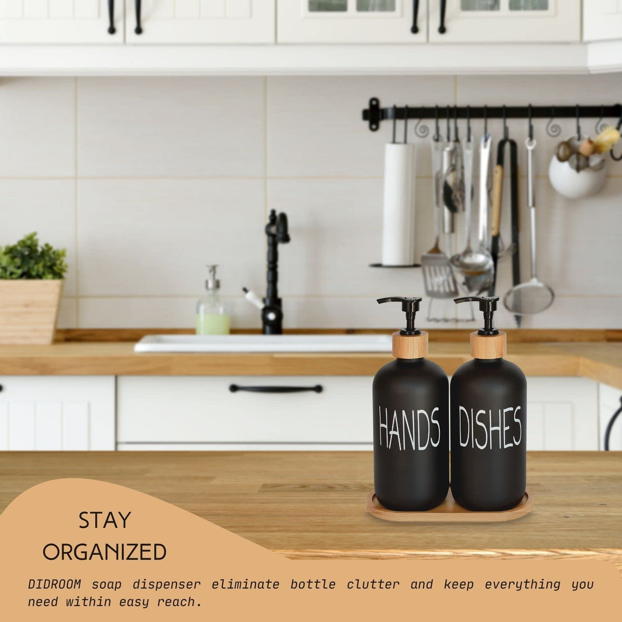 Glass Soap Dispenser Set. Hand Soap and Dish Soap Dispenser with Bamboo Tray. Vintage Soap Dispenser with Pump for Kitchen Sink and Bathroom. Stylish Permanent Label (Matte Black) DIDROOM