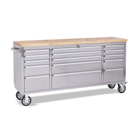 FH FOHOME 72-inch Stainless Steel Tool Chest with Wheels, 15 Drawers Rolling Storage Tool Cabinet, Heavy Duty Workbench Table with Wood Top, Lock and Liner, for Garage, Warehouse, Workshop