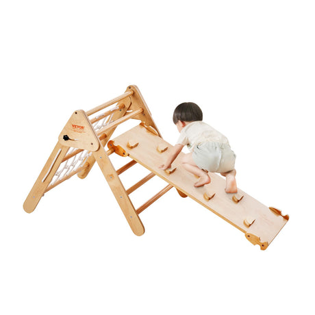VEVOR Pikler Triangle Set, 4 in 1 Toddler Climbing Toys Indoor Playground, Large Size Wooden Climbing Gym for Toddlers 1-3 Years, Montessori Climbing Set with Triangle and Ramp, Wood Color VEVOR