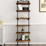 HOMEKAYT Industrial Pipe Shelf Rustic Wood Wall Shelf Ladder Bookshelf Wall Mounted Storage Decor Shelf for Home, Office, Living Room(6-Tier)-Black HOMEKAYT