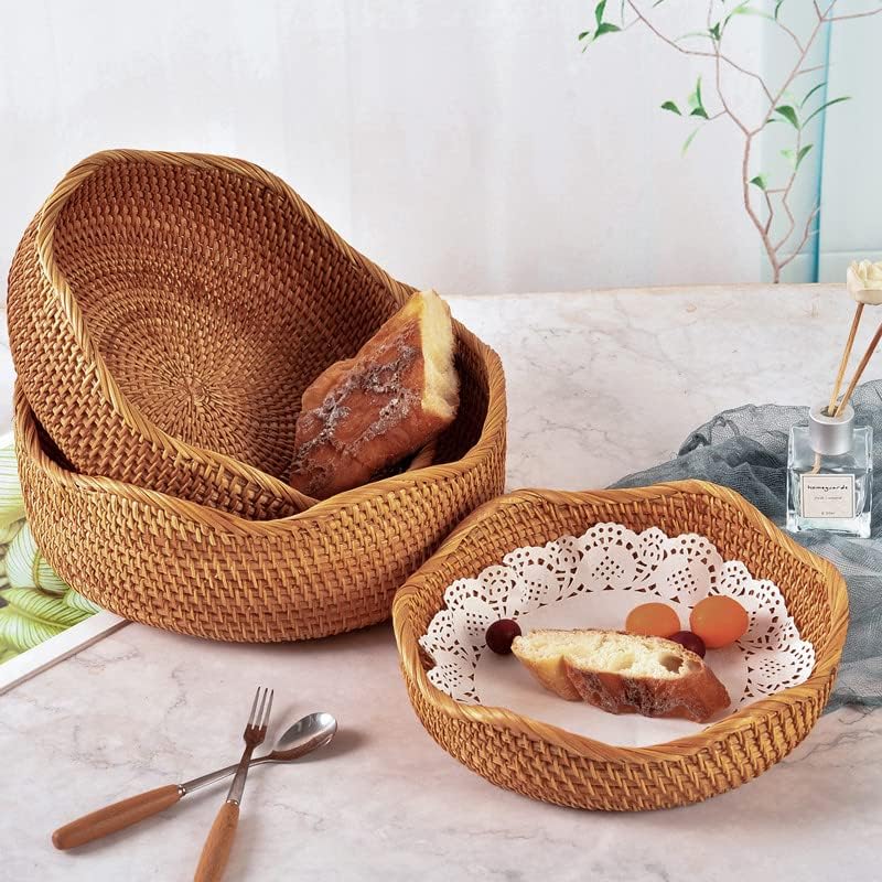 YANGQIHOME Rattan Bread Basket, Round Fruit Baskets, Wicker Storage Bowls, Natural Woven Serving Basket Bowls, Decorative Baskets for Kitchen Counter Organizing, Gift Basket, Set of 3