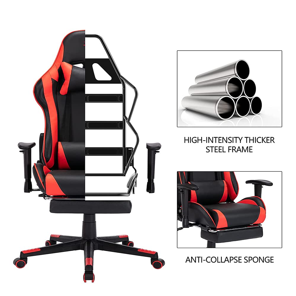 LED Gaming Chair with Speakers, Seven-points Massage Computer Chair with Footrest,Ergonomic Racing Office Chair PU Leather Recliner 360°Swivel Gamer Chair with Lumbar Support Headrest Armrest,Black XNSHUNHOYN
