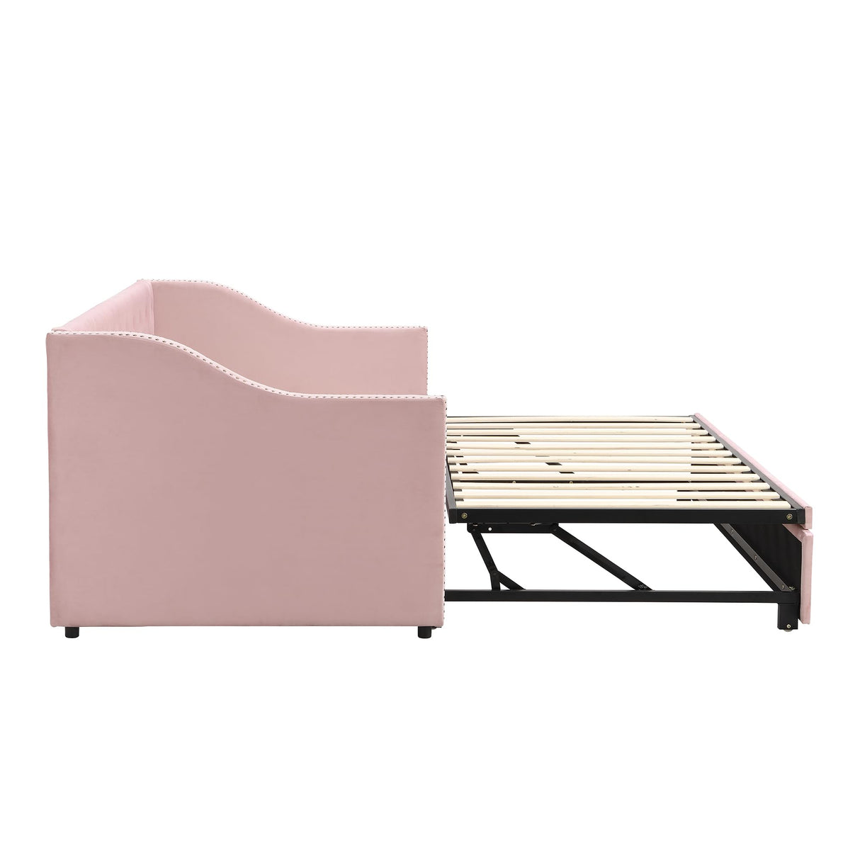 XD Designs Upholstered Daybed with Pop Up Trundle, Twin to King Size Velvet Upholstery Daybed Sofa Bed with Armrests for Bedroom Guest Room Living Room, Maximize Space (Pink-23) XD Designs