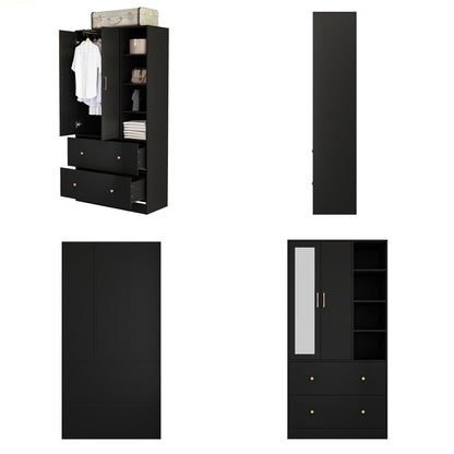 Homsee Wardrobe Armoire Wooden Closet with Mirror, 2 Doors, 2 Drawers, 4 Open Storage Cubes and Hanging Rod for Bedroom, Black (35.5”L x 15.8”W x 70.8”H) - WoodArtSupply