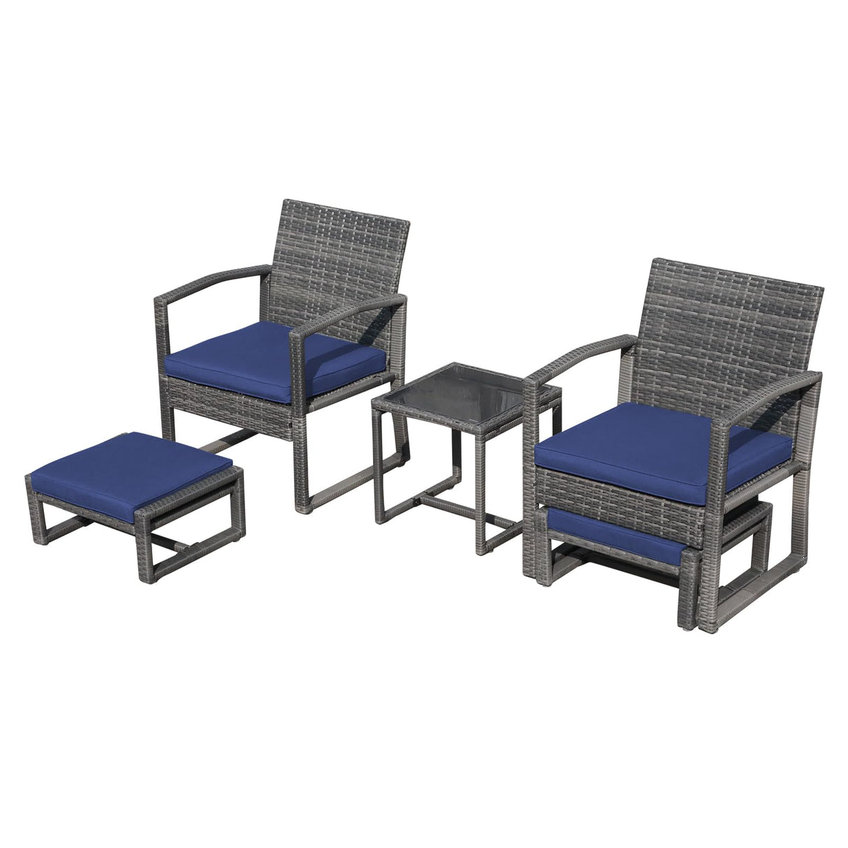 Patiorama 5 Piece Outdoor Patio Wicker Furniture Set, All Weather Grey PE Rattan Chair and Ottoman Footstool Set, W/Coffee Table, Cushions (Navy Blue) for Garden, Balcony, Porch, Space Saving Design Patiorama