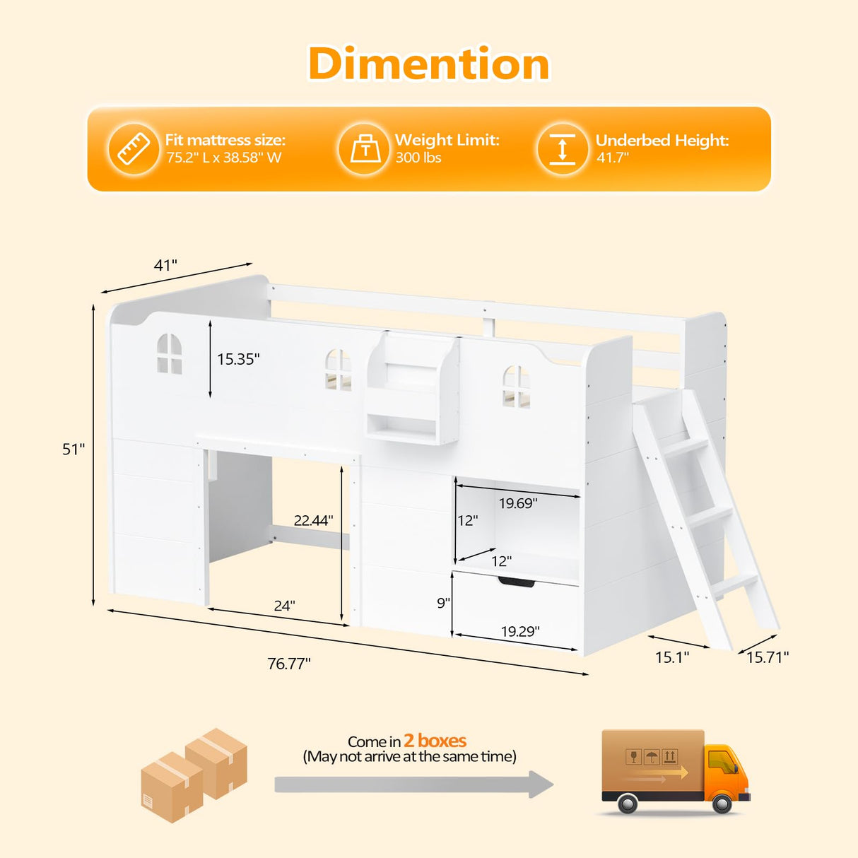 JOYMOR Loft Bed Twin Size with Led Light, Low Loft Bed with Storage Drawer, Modern Farmhouse Design with Castle Guardrail and Window, Book Rack, Smart APP Control, No Box Spring Needed (White) JOYMOR