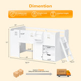 JOYMOR Loft Bed Twin Size with Led Light, Low Loft Bed with Storage Drawer, Modern Farmhouse Design with Castle Guardrail and Window, Book Rack, Smart APP Control, No Box Spring Needed (White) JOYMOR