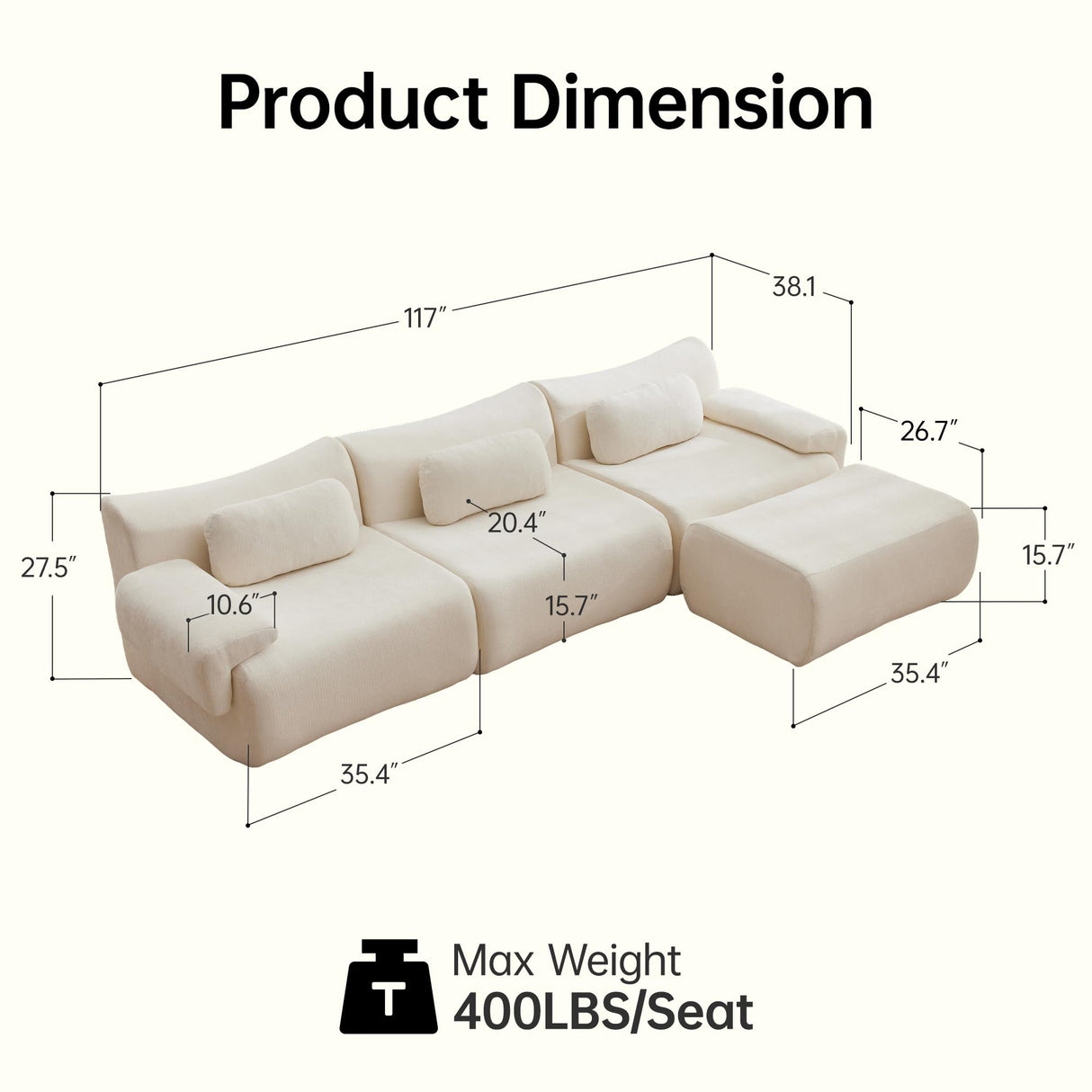 MAXMXX 117”L Shaped Modern Sofa Modular Sectional Cloud Couch with Ottoman,Oversized Boneless Sofa,3+1 Seater Chenille Deep-Seat Sofa with 3 Pillows,Suitable for Living Room or Bedroom(White) MAXMXX