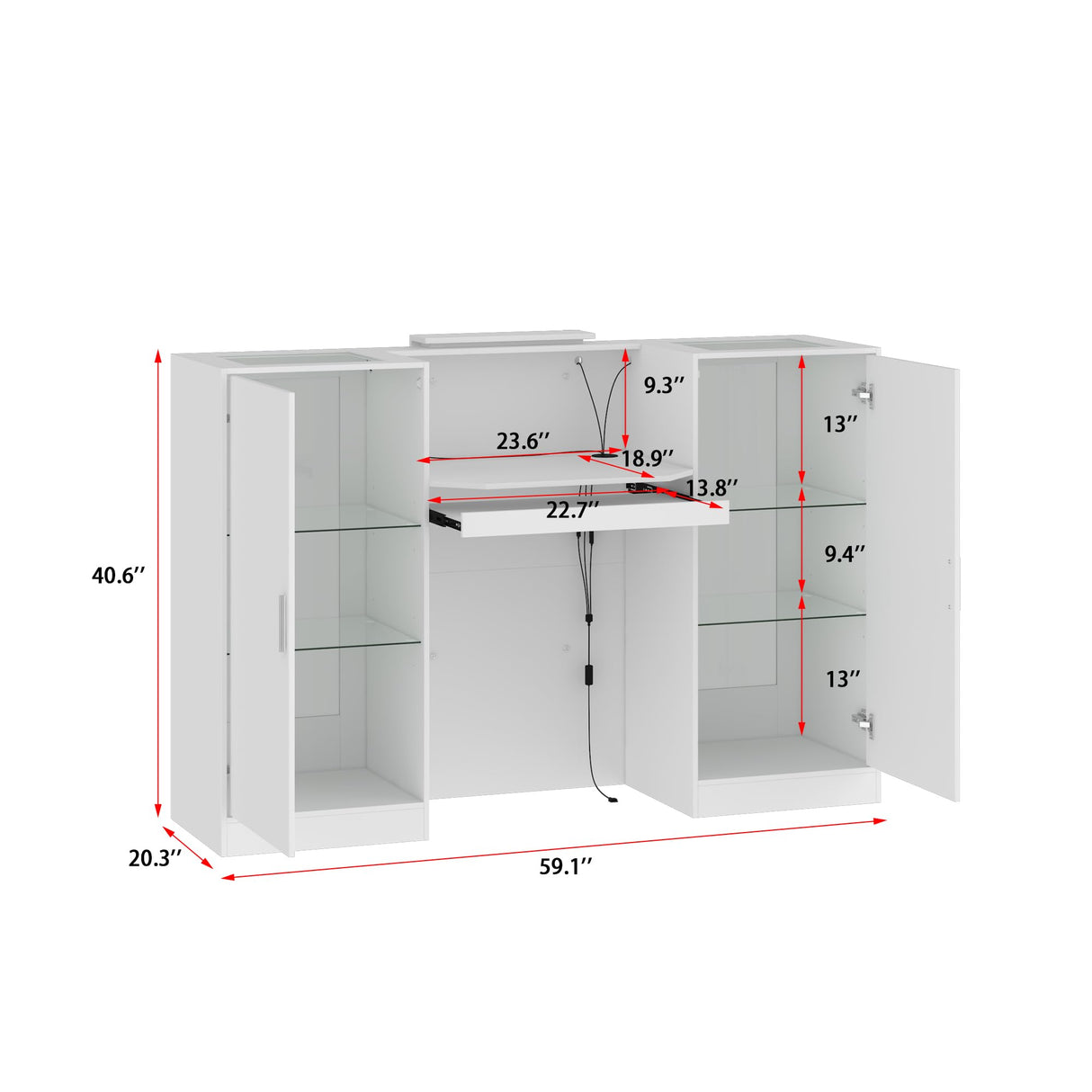WOODTIME Reception Desk with LED Light & Keyboard Tray, Retail Counter with Cabinet & Glass Adjustable Shelves, Checkout Counter Table for Office Clinic Retail Lobby Salon, White WOODTIME