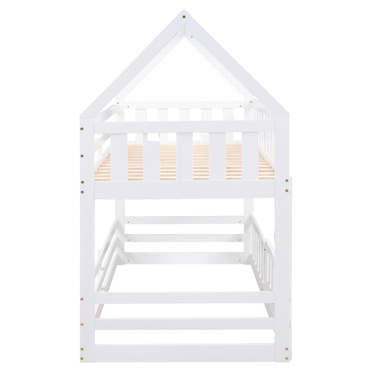 LOSTCAT Twin Over Twin House Bunk Bed with Fence & Door - Montessori Floor Bed for Kids in White LOSTCAT