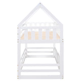 LOSTCAT Twin Over Twin House Bunk Bed with Fence & Door - Montessori Floor Bed for Kids in White LOSTCAT