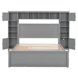 Queen Storage Bed with Bookcase Headboard, Queen Size Platform Bed with Trundle and 2 Storage Drawers, Solid Wood Queen Size Bed Frame with Cabinet and Shelf, No Box Spring Needed (Gray) Harper & Bright Designs