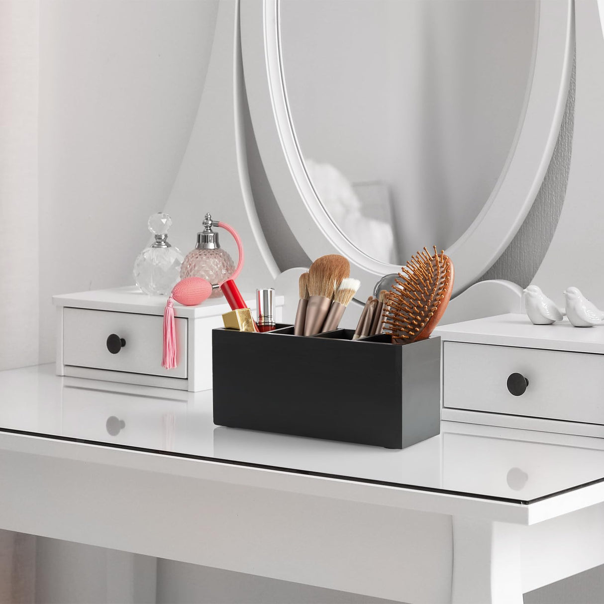 Bivvclaz Pencil Pen Holder for Desk, Wooden Office Desk Organizers and Accessories with 4 Slots for Countertop, Makeup Brush Holder Organizer for Bathroom Vanity, Silverware Caddy for Party, Black Bivvclaz