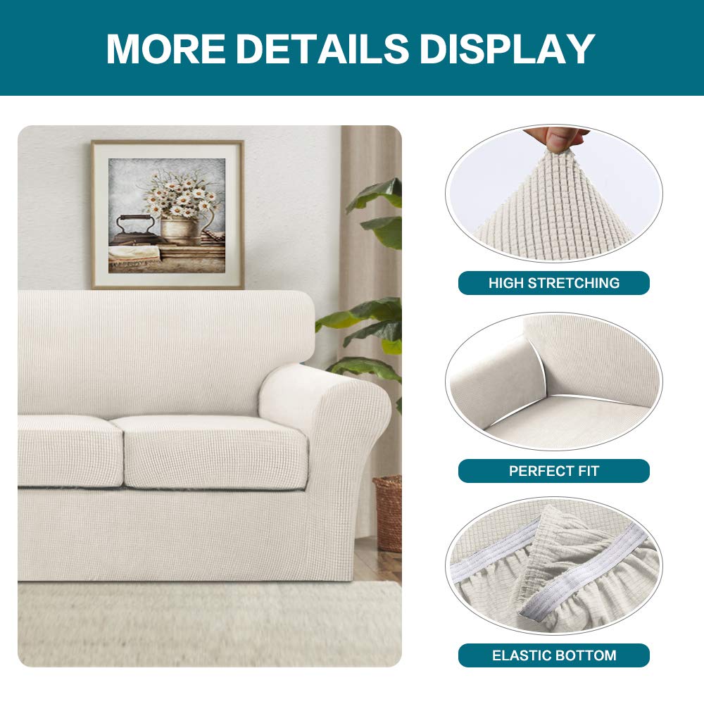 Turquoize 4 Piece Sofa Covers for 3 Cushion Couch Sofa Slipcover Soft Couch Cover for Dogs-Washable Sofa Furniture Covers with 3 Individual Large Cushion Covers, Feature Thick Fabric (XL Sofa, Ivory) Turquoize