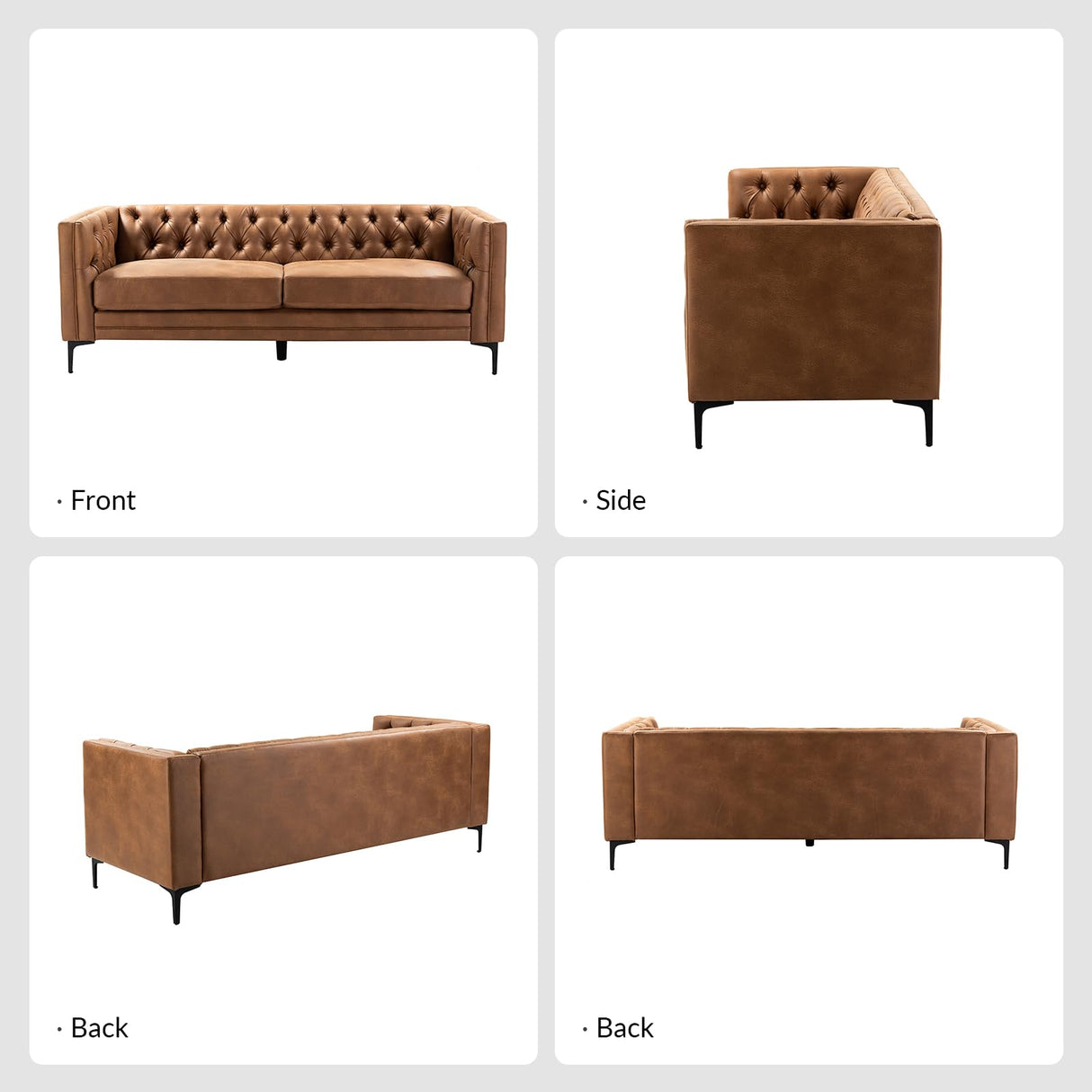 HULALA HOME 84" W Faux Leather Sofa Couch with Metal Legs, Button-Tufted 3-Seater Sofa, Mid Century Modern Upholstered Couch for Living Room, Entertainment Area, Apartment,Camel HULALA HOME