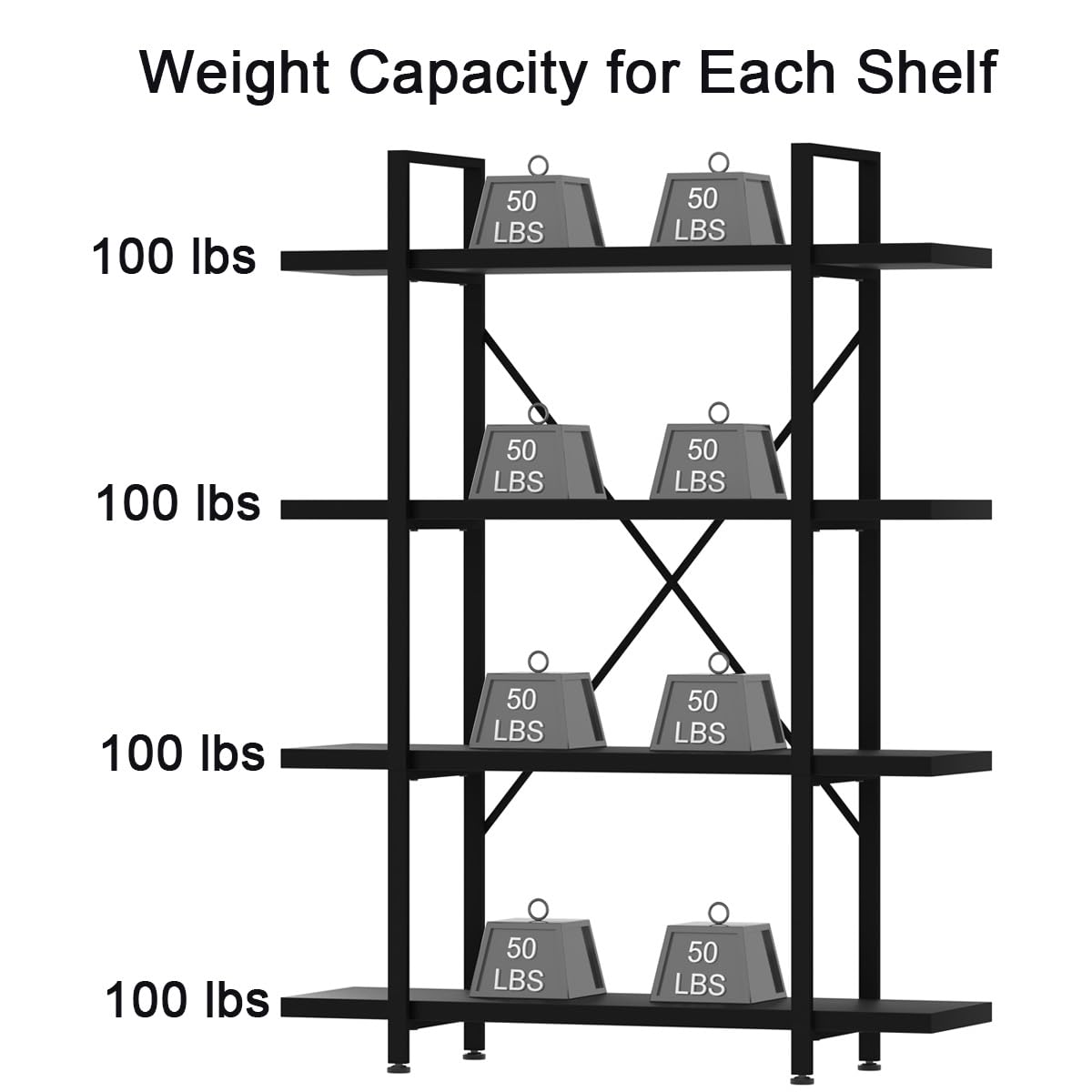 HSH 4 Tier Black Bookshelf, Industrial Metal Wood Storage Book Shelves, Modern Open 4 Shelf Bookcase and Display Etagere, Vertical Book Shelf for Bedroom Living Room Office HSH