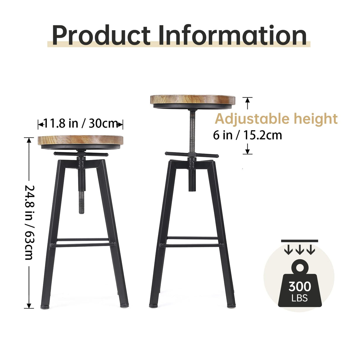 VILAVITA Vintage Adjustable Bar Stools Set of 2, Height Ranges from 24.8 to 30.8 inch, Natural Wood Seat and Heavy Metal Frame Rustic Industrial Swivel Bar Stools VILAVITA