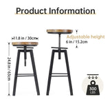 VILAVITA Vintage Adjustable Bar Stools Set of 2, Height Ranges from 24.8 to 30.8 inch, Natural Wood Seat and Heavy Metal Frame Rustic Industrial Swivel Bar Stools VILAVITA