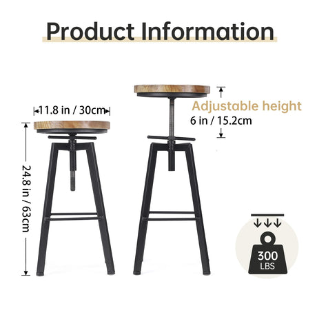 VILAVITA Vintage Adjustable Bar Stools Set of 2, Height Ranges from 24.8 to 30.8 inch, Natural Wood Seat and Heavy Metal Frame Rustic Industrial Swivel Bar Stools VILAVITA