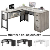LVB Reversible Gray L Shaped Corner Desk, Farmhouse Wood Computer Desk with File Drawers Cabinets, Large Work Study Executive Home Office Desk with Storage Shelves for Bedroom, Light Grey Oak, 59 Inch LVB