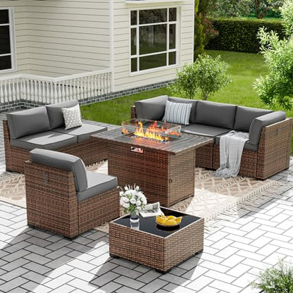 Amopatio 8 Pieces Patio Furniture Set with Fire Pit Table, Outdoor Furniture Sectional Rattan Sofa with Slanted Back, Patio Couch with Glass Coffee Table for Backyard Garden (Dark Grey)