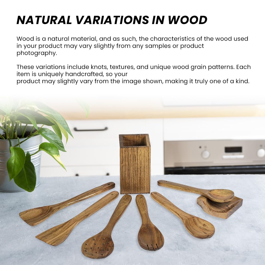 8-Piece Wooden Utensil Set for Cooking | Wooden Kitchen Utensils Set with Wooden Spoons, Spatulas, Ladle, Spoon Rest, Holder | Non-Toxic Wooden Cooking Utensils, Perfect for Non-Stick Cookware STORE INDYA